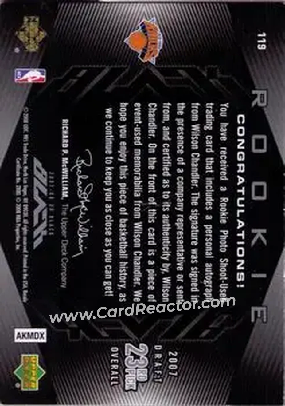 2007-08 UD Black #119 - Wilson Chandler - New York Knicks - Back 2007-08 UD Black #119 - Wilson Chandler - New York Knicks - Back