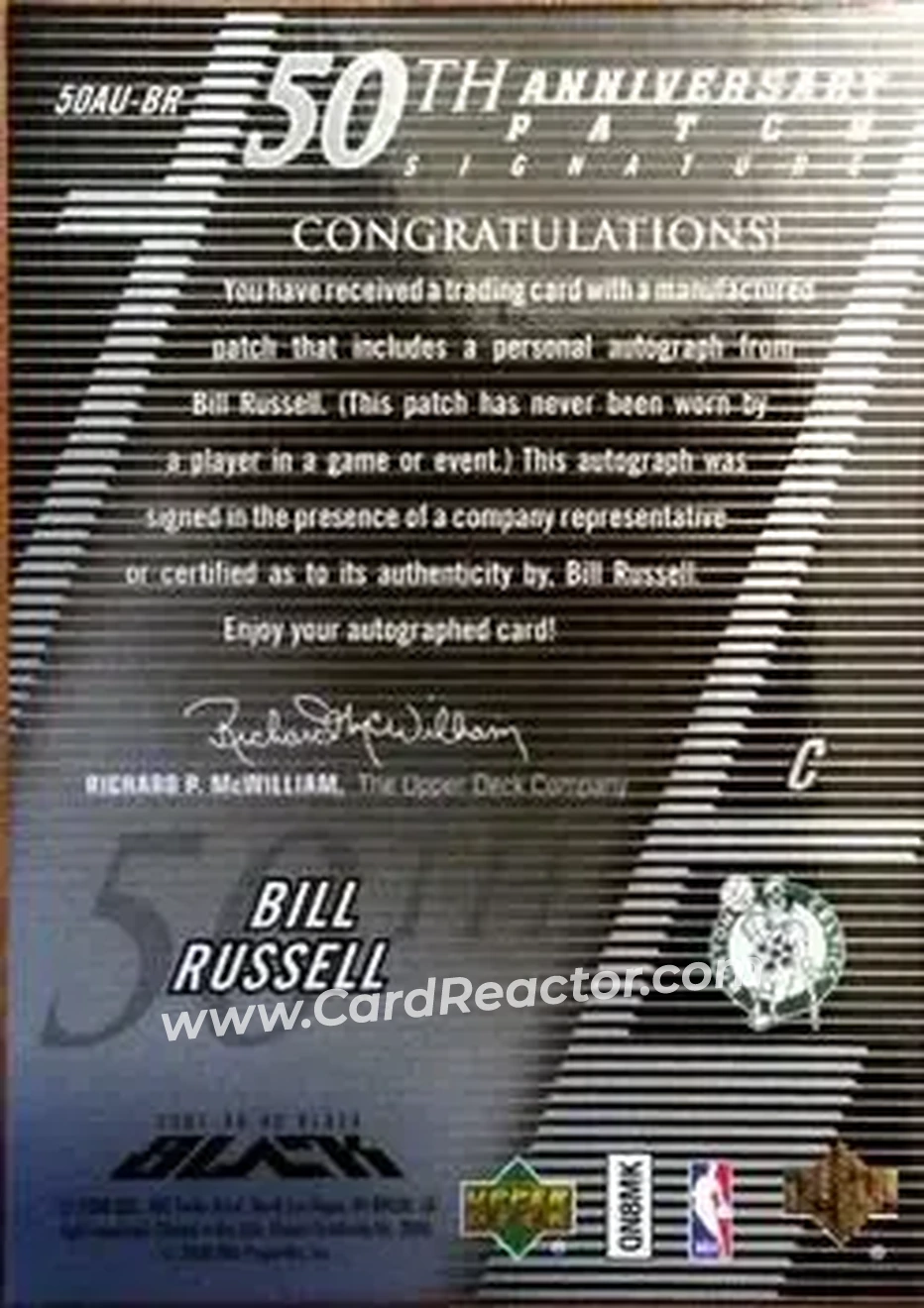 2007-08 UD Black - 50th Anniversary Autographs #50AU-BR - Bill Russell - Boston Celtics - Back