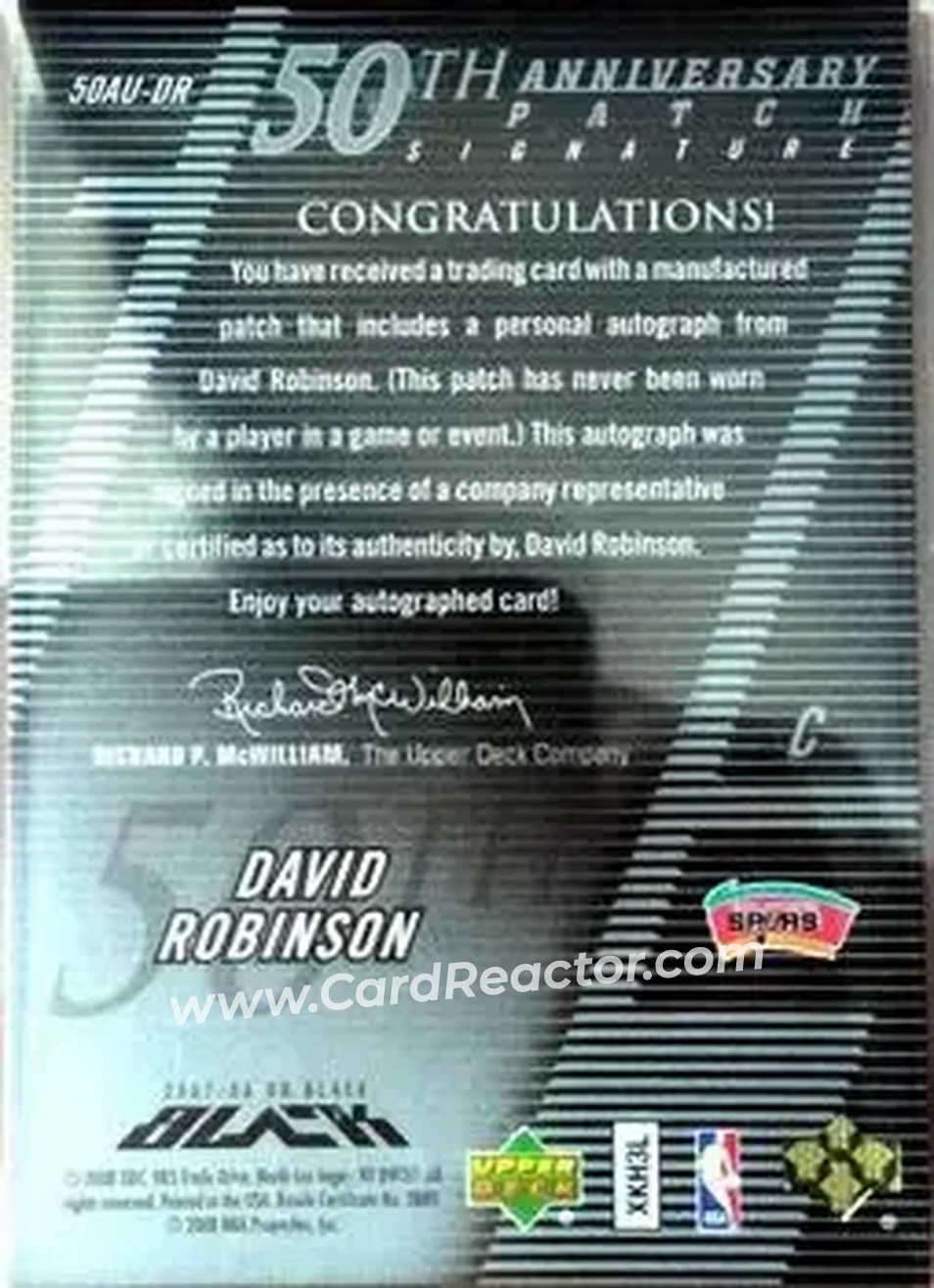 2007-08 UD Black - 50th Anniversary Autographs #50AU-DR - David Robinson - San Antonio Spurs - Back
