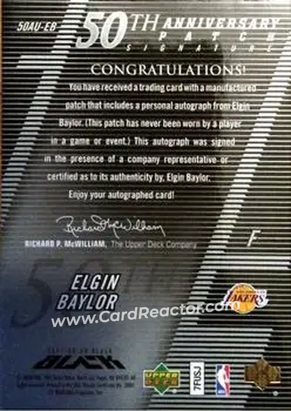 2007-08 UD Black - 50th Anniversary Autographs #50AU-EB - Elgin Baylor - Los Angeles Lakers - Back