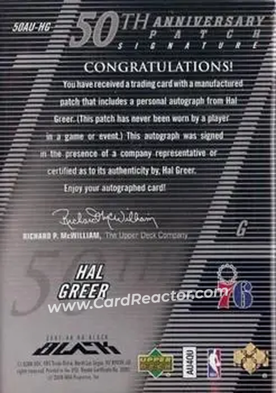 2007-08 UD Black - 50th Anniversary Autographs #50AU-HG - Hal Greer - Philadelphia 76ers - Back