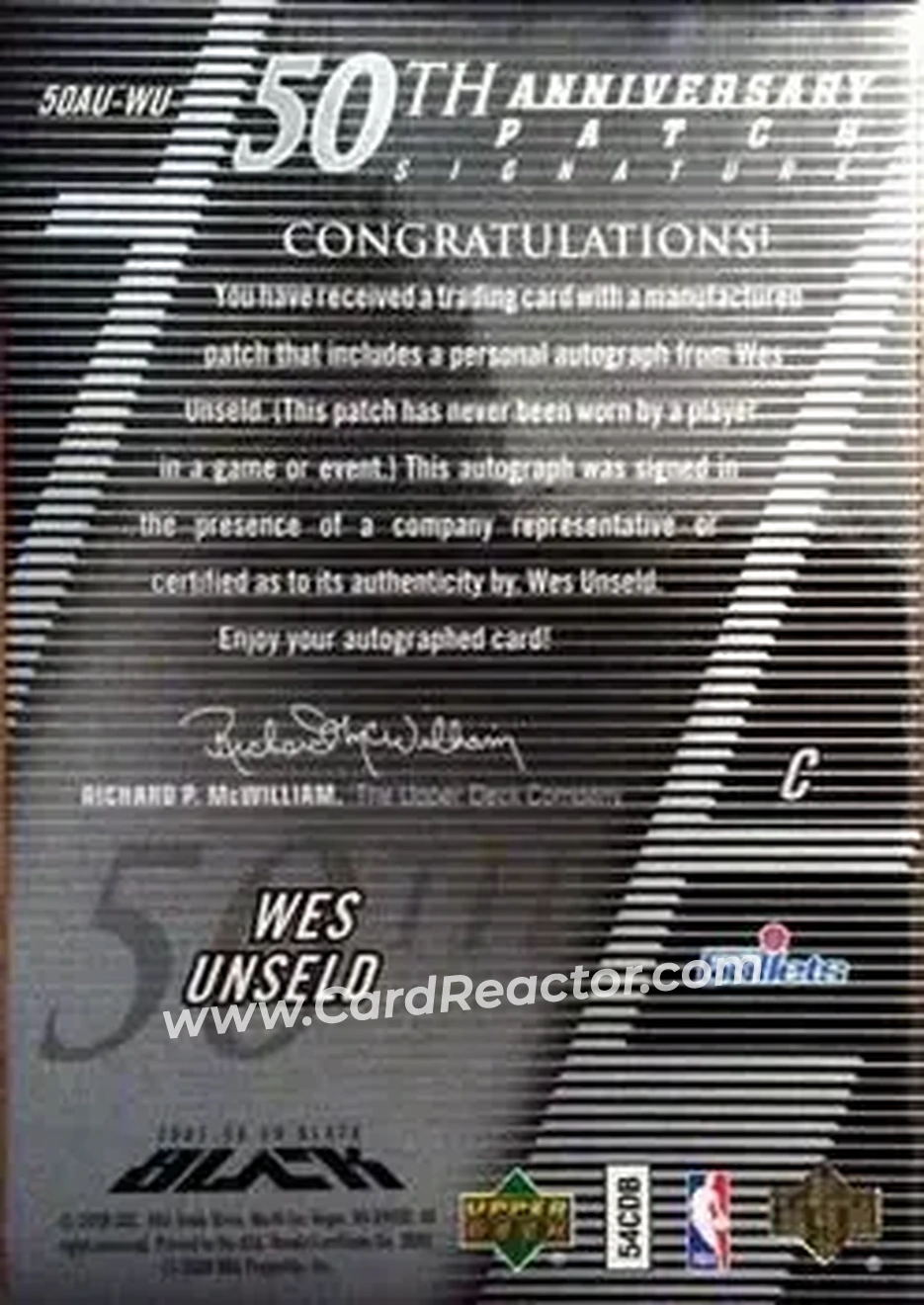 2007-08 UD Black - 50th Anniversary Autographs #50AU-WU - Wes Unseld - Washington Bullets - Back