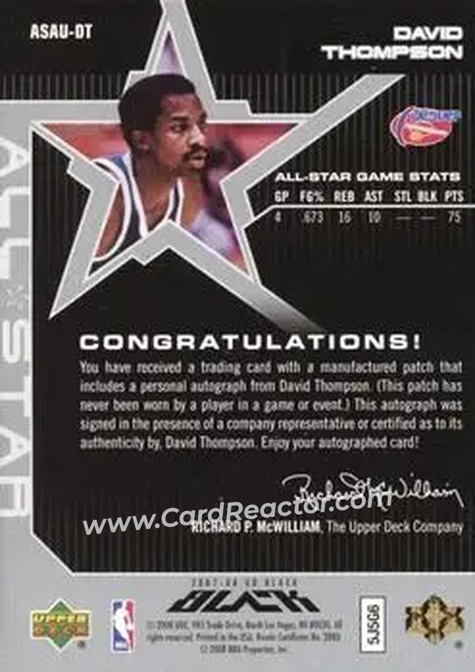 2007-08 UD Black - All-Star Autographs #ASAU-DT - David Thompson - Denver Nuggets - Back