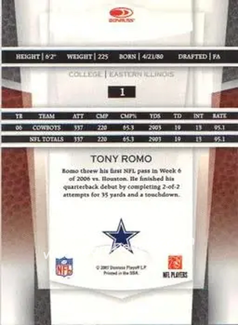 2007 Leaf Certified Materials #1 - Tony Romo - Dallas Cowboys - Back