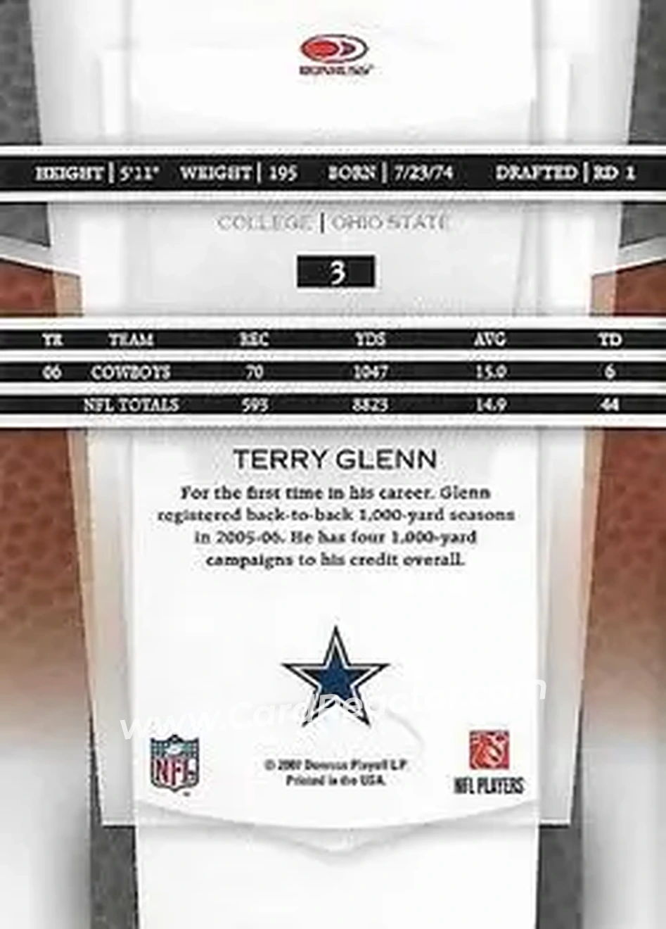 2007 Leaf Certified Materials #3 - Terry Glenn - Dallas Cowboys - Back