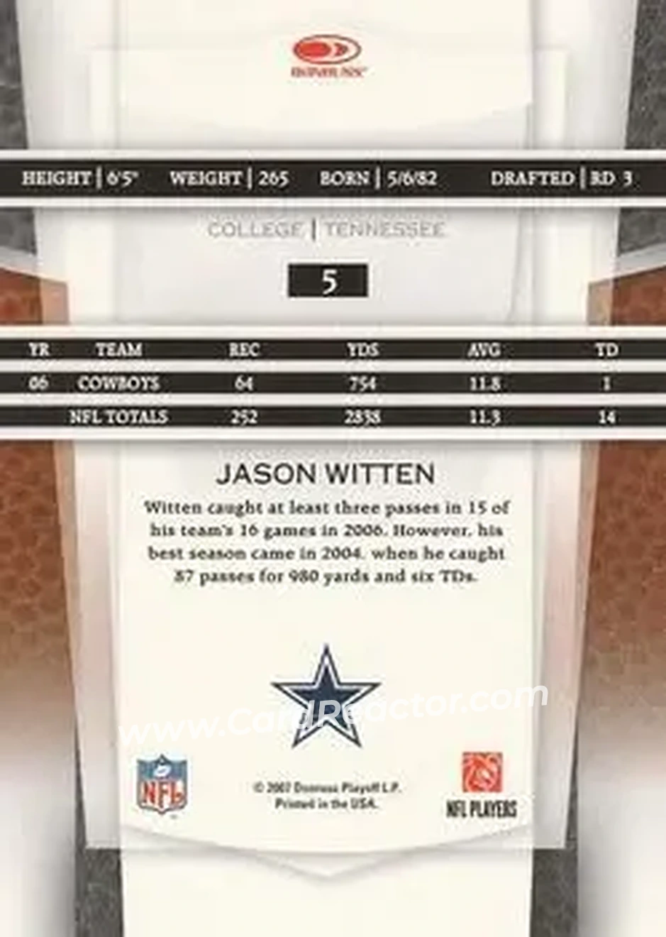 2007 Leaf Certified Materials #5 - Jason Witten - Dallas Cowboys - Back