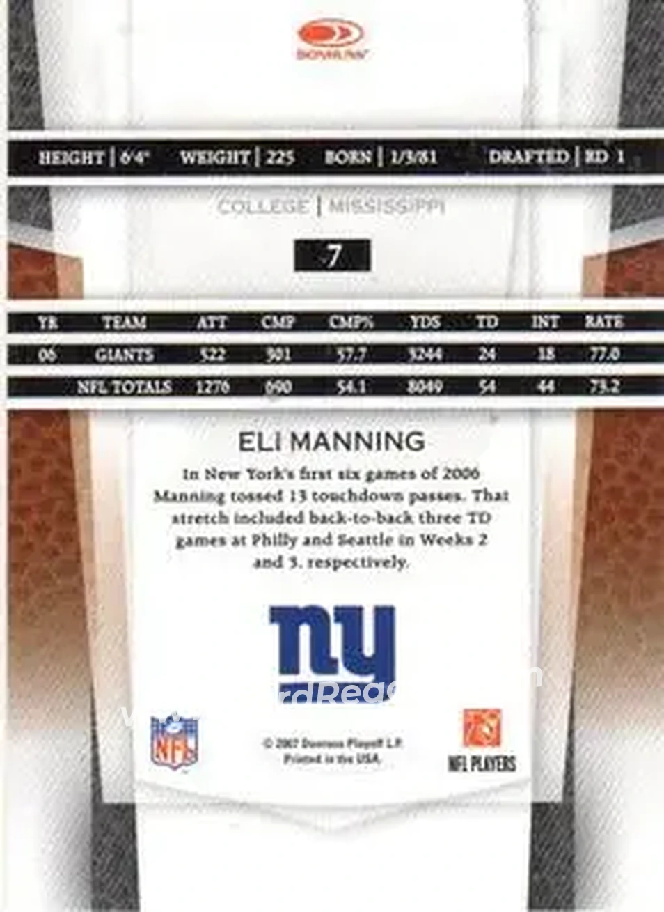 2007 Leaf Certified Materials #7 - Eli Manning - New York Giants - Back
