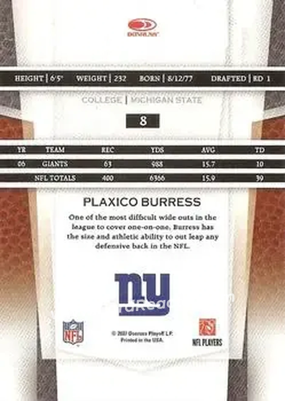 2007 Leaf Certified Materials #8 - Plaxico Burress - New York Giants - Back 2007 Leaf Certified Materials #8 - Plaxico Burress - New York Giants - Back