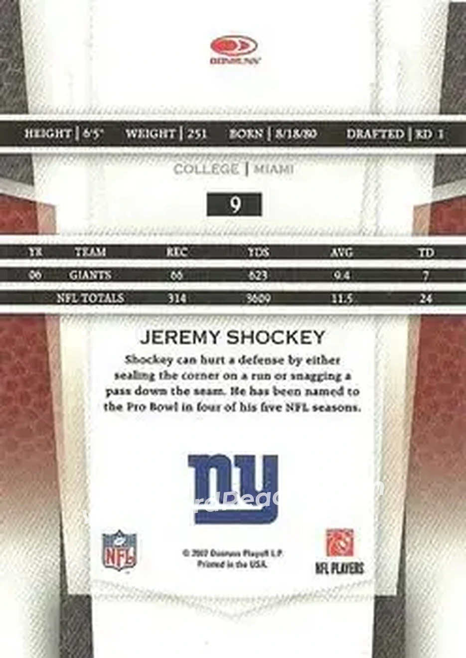 2007 Leaf Certified Materials #9 - Jeremy Shockey - New York Giants - Back 2007 Leaf Certified Materials #9 - Jeremy Shockey - New York Giants - Back