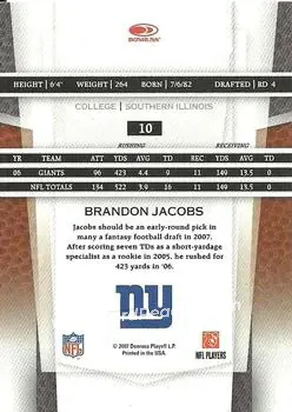 2007 Leaf Certified Materials #10 - Brandon Jacobs - New York Giants - Back 2007 Leaf Certified Materials #10 - Brandon Jacobs - New York Giants - Back