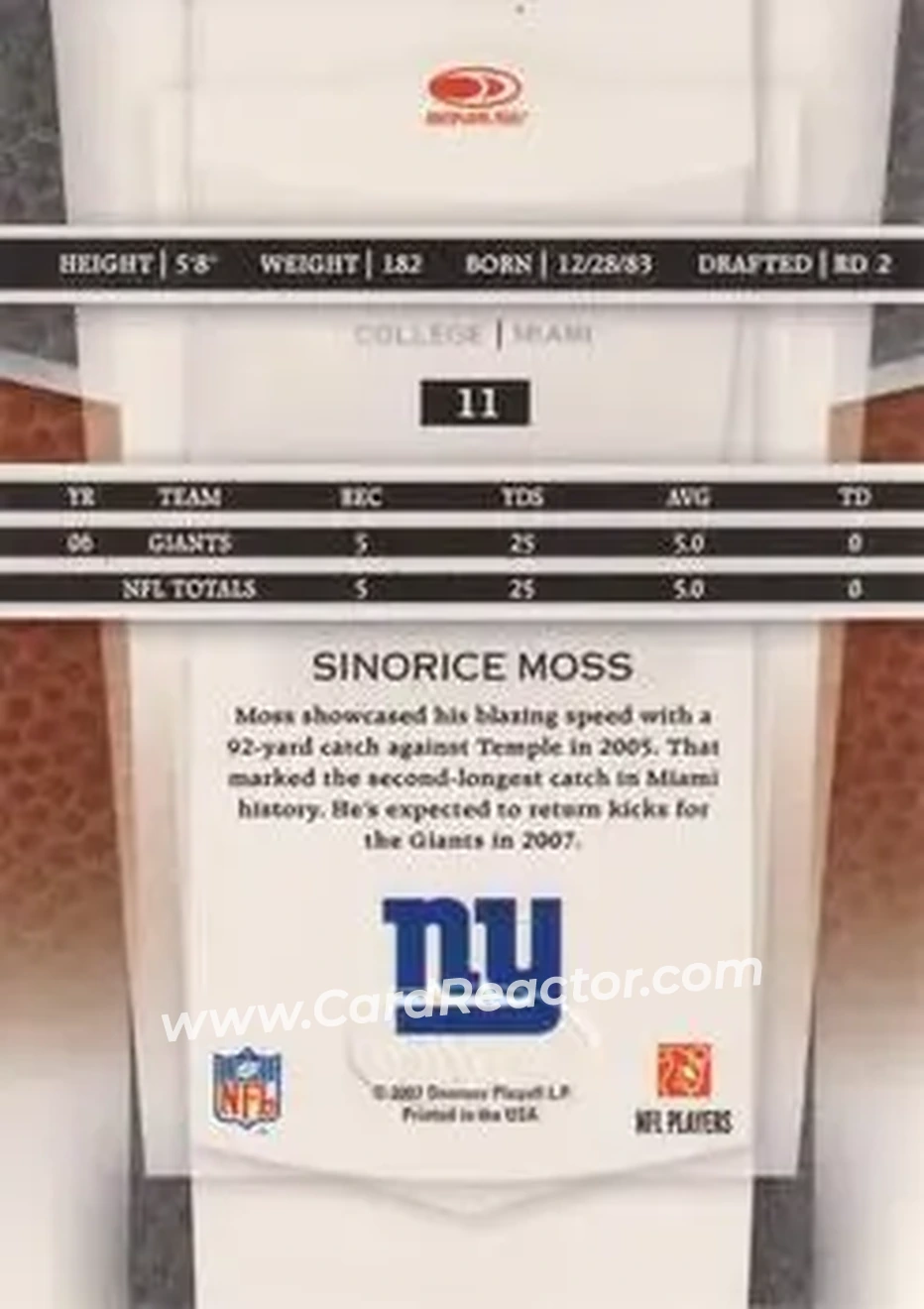 2007 Leaf Certified Materials #11 - Sinorice Moss - New York Giants - Back
