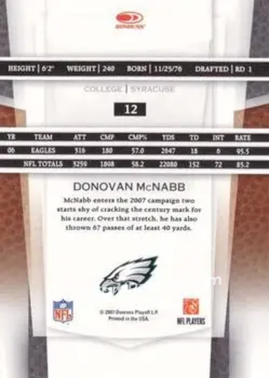 2007 Leaf Certified Materials #12 - Donovan McNabb - Philadelphia Eagles - Back