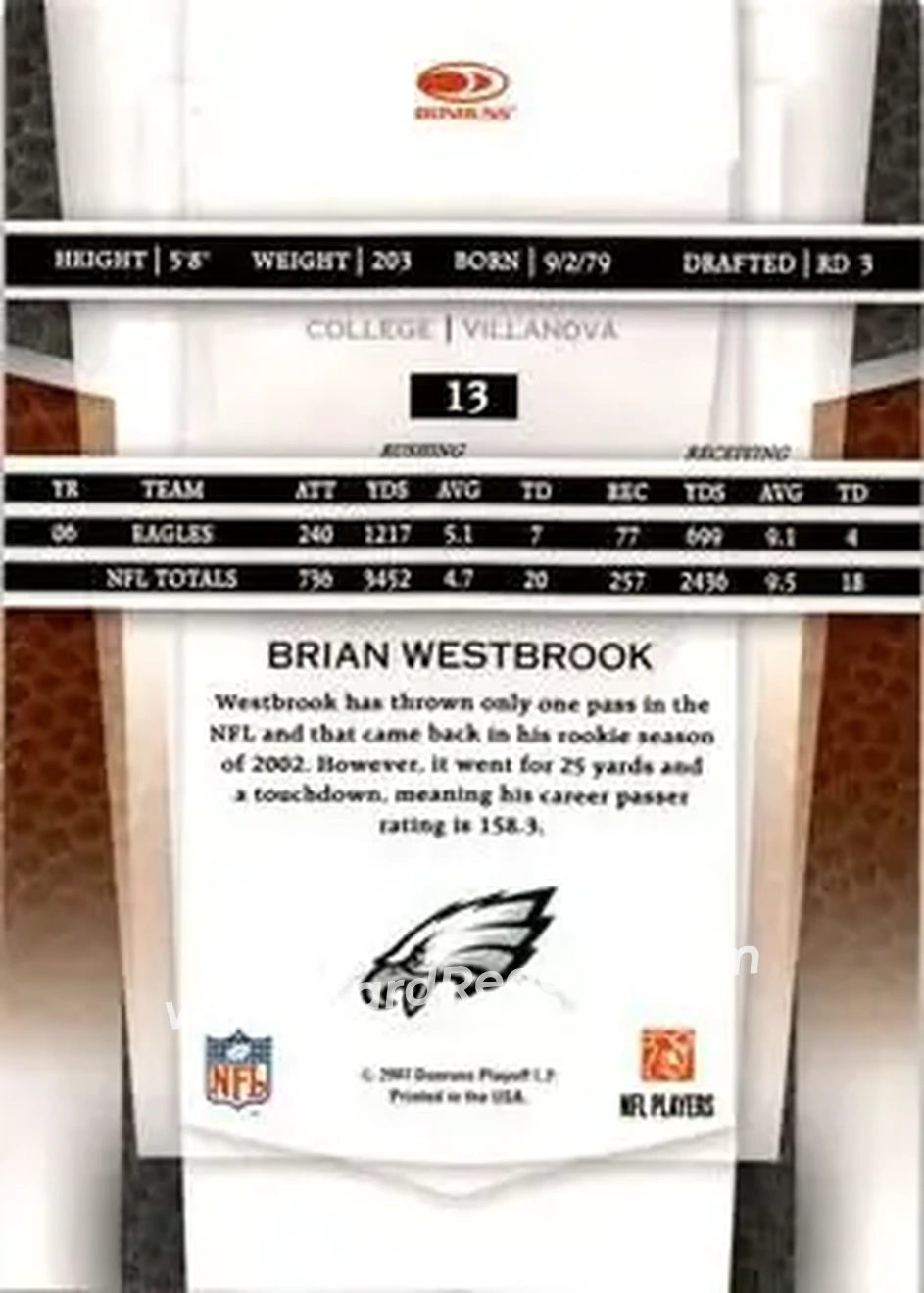 2007 Leaf Certified Materials #13 - Brian Westbrook - Philadelphia Eagles - Back