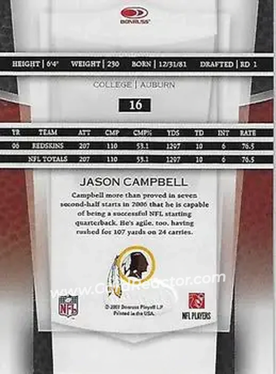 2007 Leaf Certified Materials #16 - Jason Campbell - Washington Redskins - Back 2007 Leaf Certified Materials #16 - Jason Campbell - Washington Redskins - Back