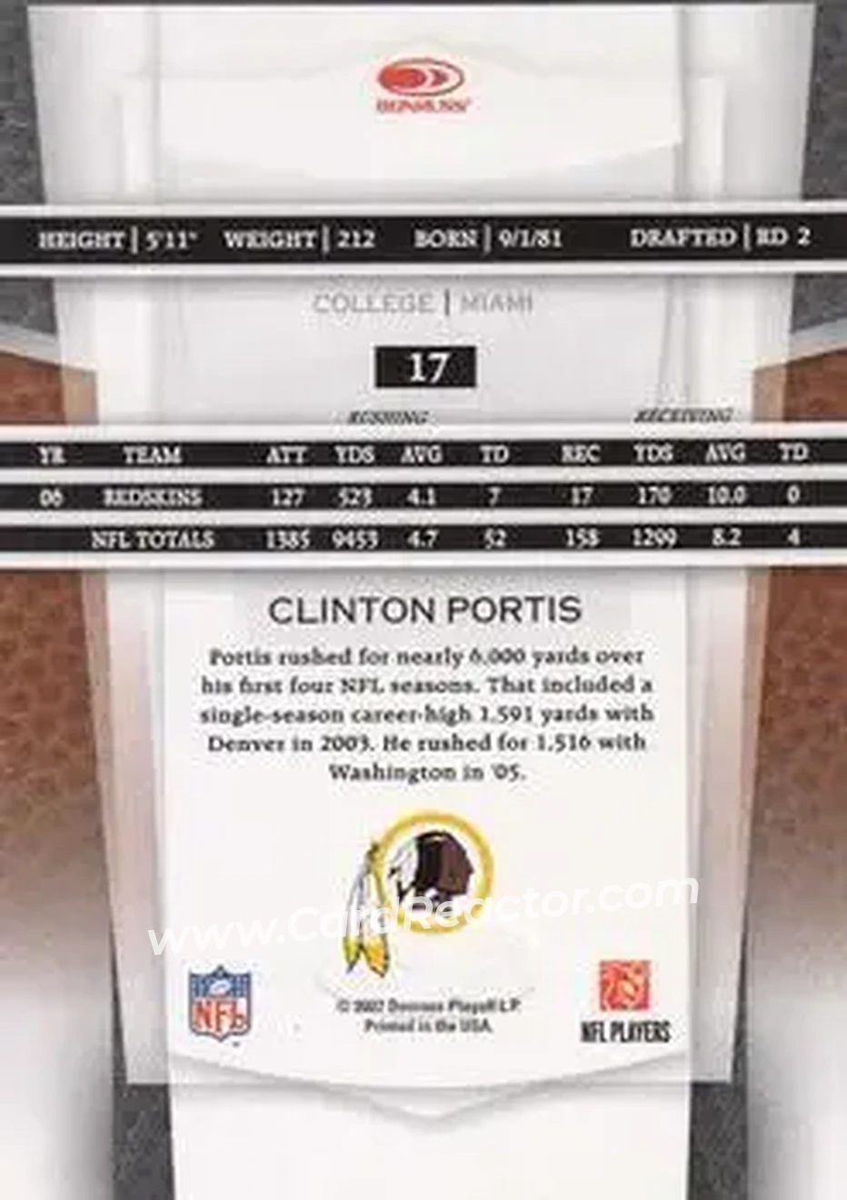 2007 Leaf Certified Materials #17 - Clinton Portis - Washington Redskins - Back