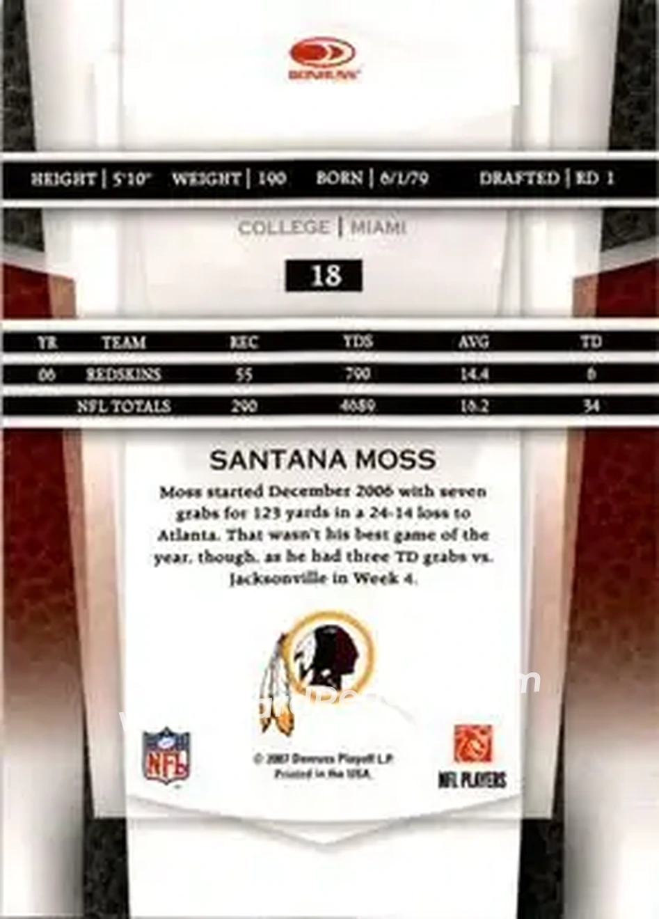 2007 Leaf Certified Materials #18 - Santana Moss - Washington Redskins - Back 2007 Leaf Certified Materials #18 - Santana Moss - Washington Redskins - Back