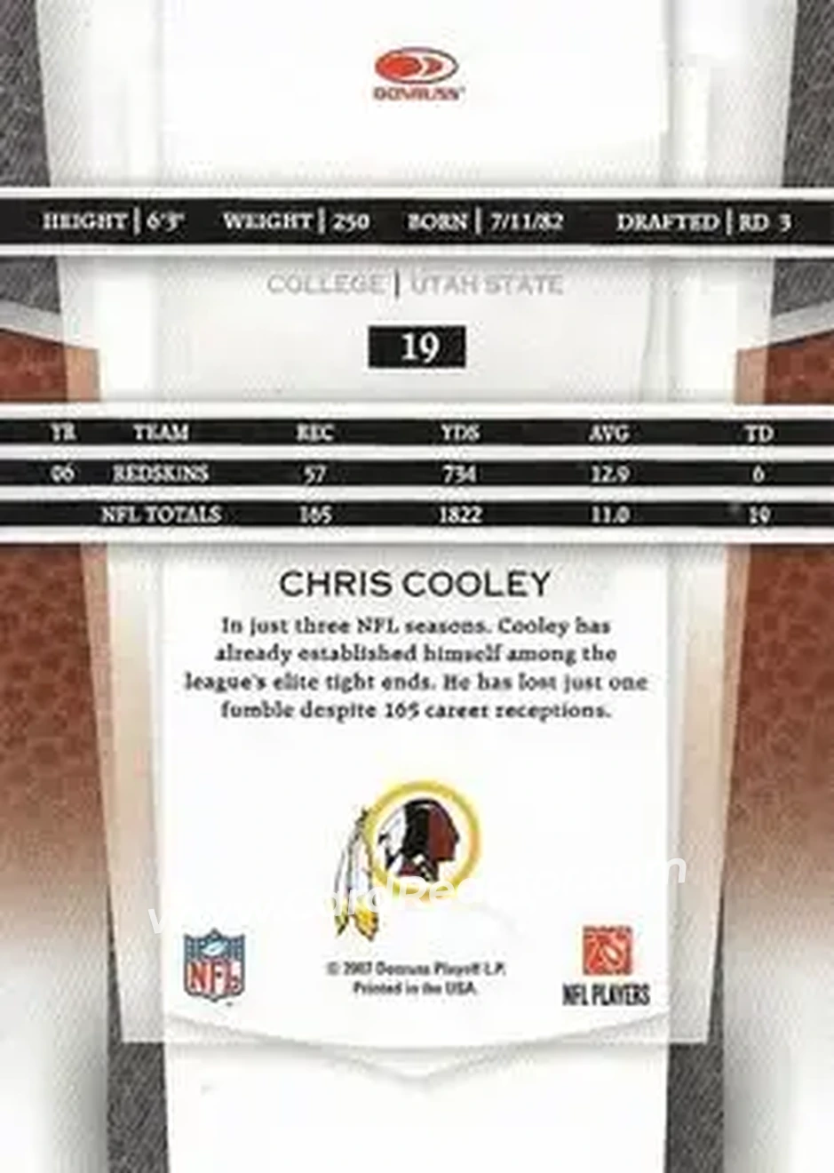 2007 Leaf Certified Materials #19 - Chris Cooley - Washington Redskins - Back