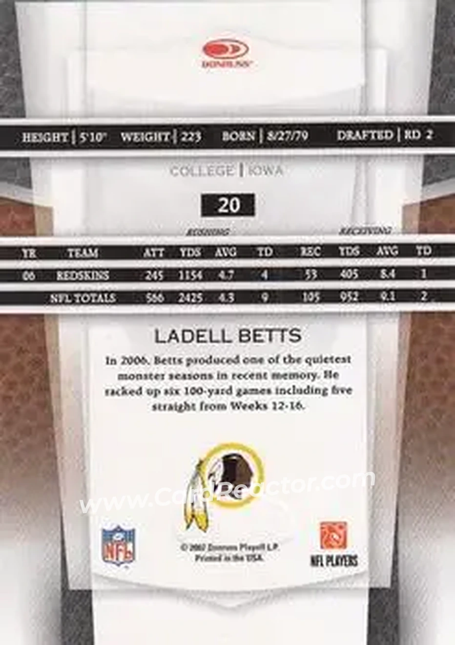 2007 Leaf Certified Materials #20 - Ladell Betts - Washington Redskins - Back 2007 Leaf Certified Materials #20 - Ladell Betts - Washington Redskins - Back