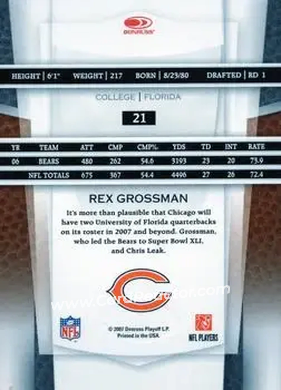 2007 Leaf Certified Materials #21 - Rex Grossman - Chicago Bears - Back