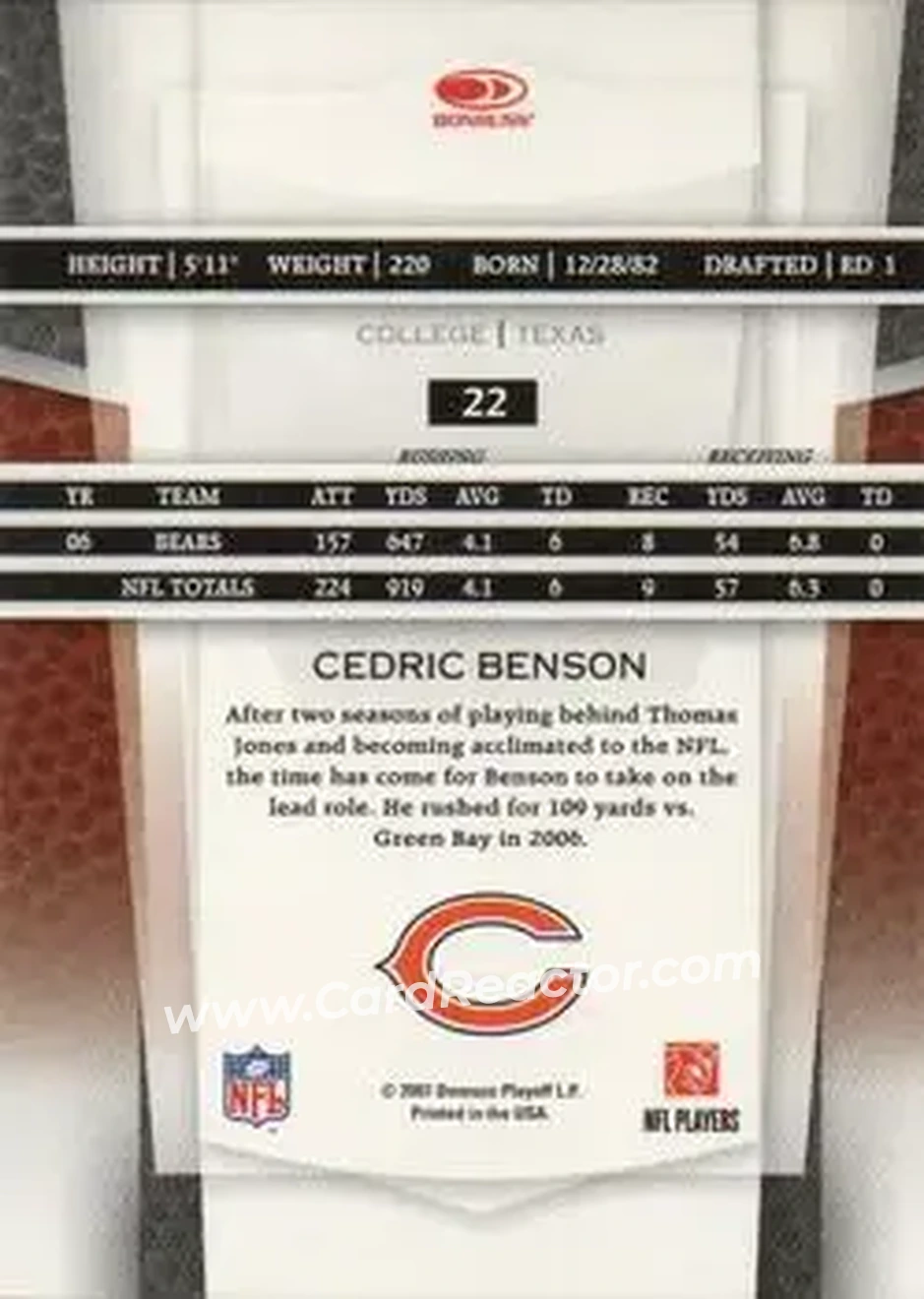 2007 Leaf Certified Materials #22 - Cedric Benson - Chicago Bears - Back