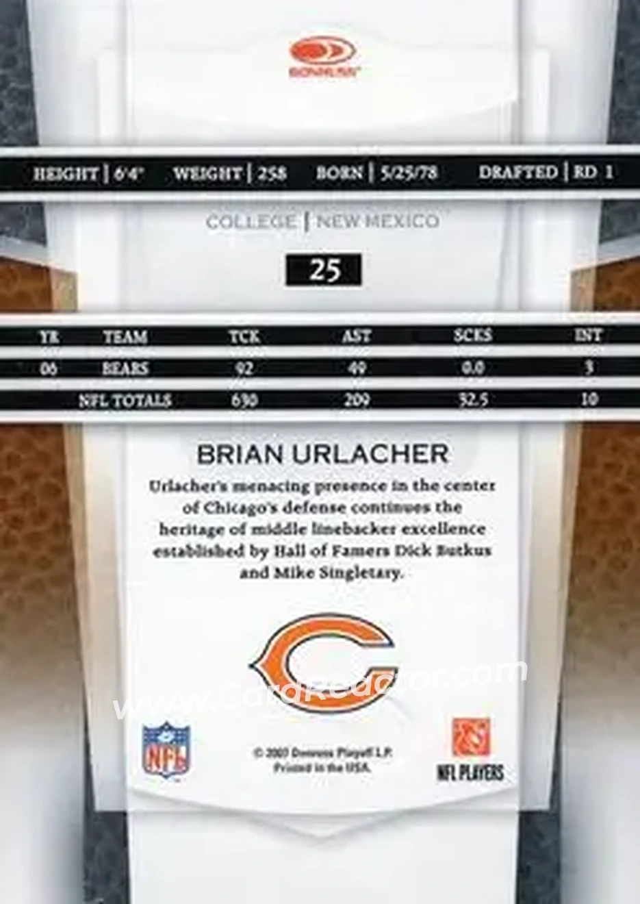 2007 Leaf Certified Materials #25 - Brian Urlacher - Chicago Bears - Back 2007 Leaf Certified Materials #25 - Brian Urlacher - Chicago Bears - Back