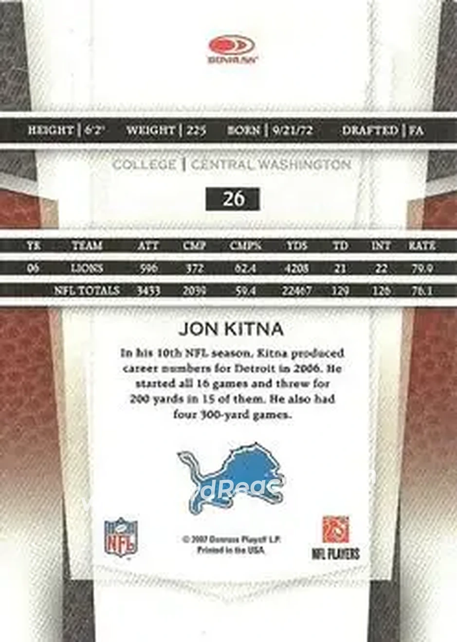 2007 Leaf Certified Materials #26 - Jon Kitna - Detroit Lions - Back
