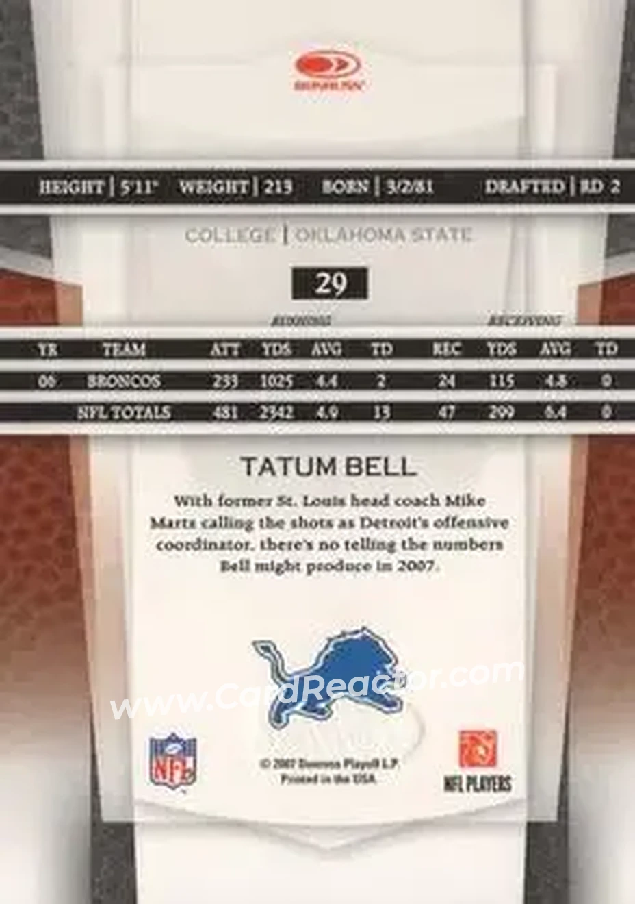 2007 Leaf Certified Materials #29 - Tatum Bell - Detroit Lions - Back