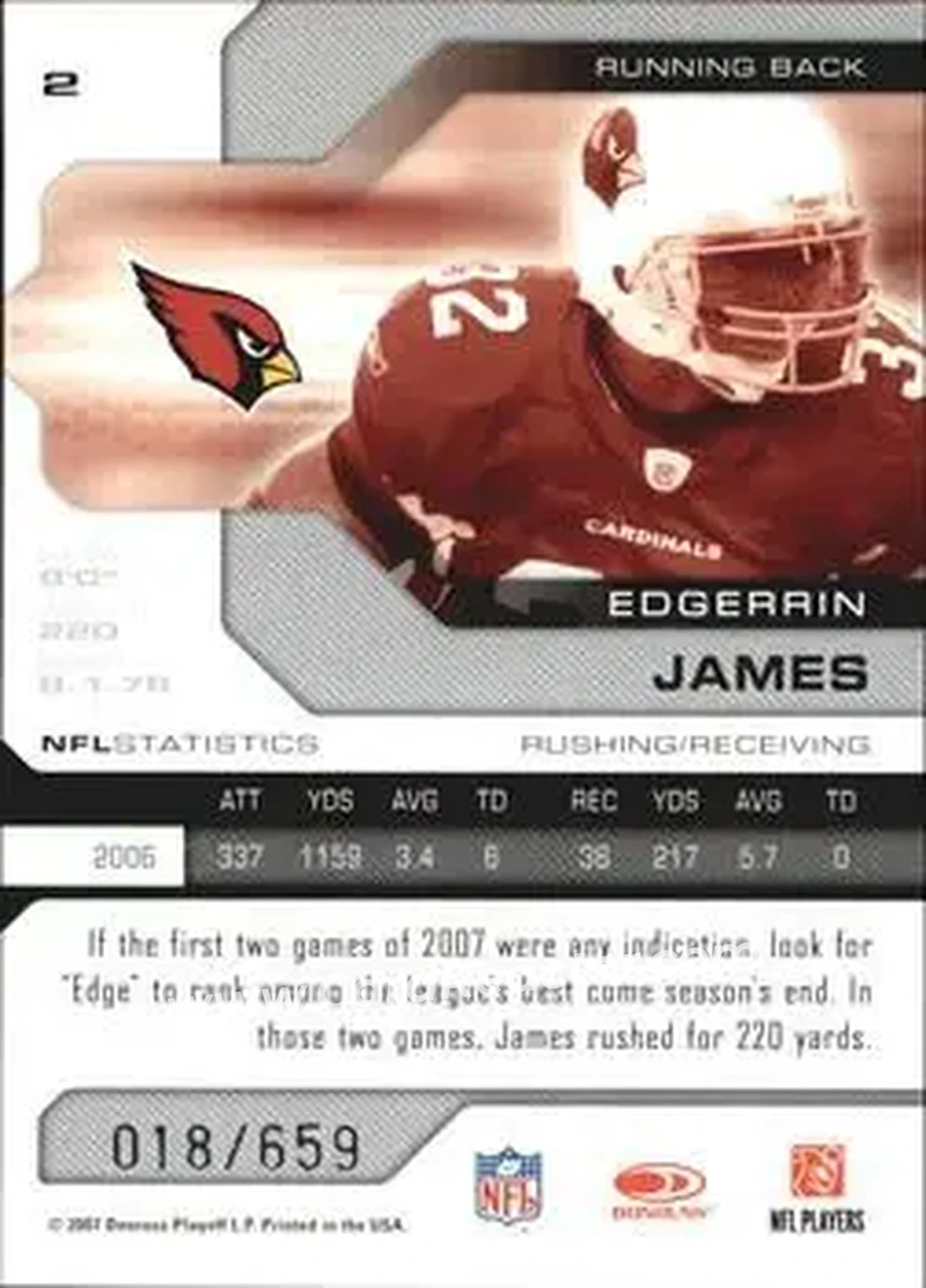 2007 Leaf Limited #2 - Edgerrin James - Arizona Cardinals - Back