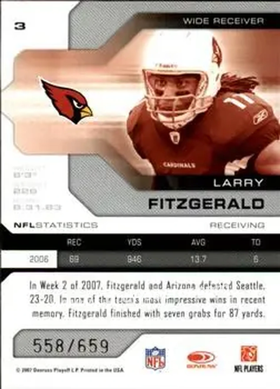 2007 Leaf Limited #3 - Larry Fitzgerald - Arizona Cardinals - Back
