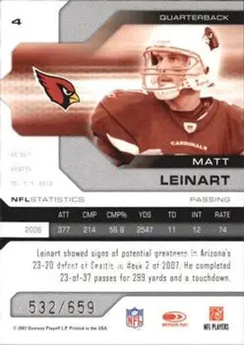 2007 Leaf Limited #4 - Matt Leinart - Arizona Cardinals - Back