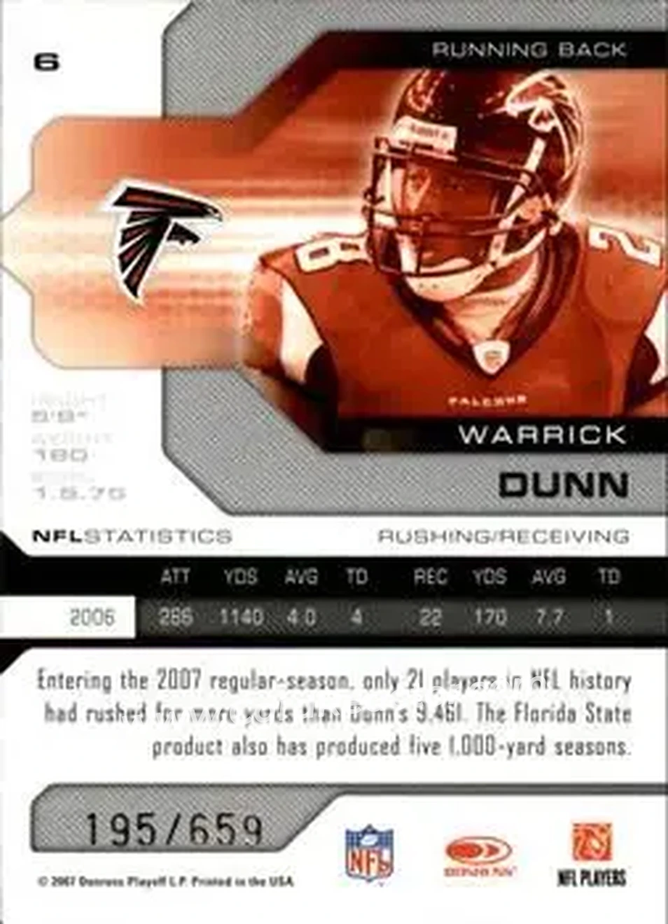 2007 Leaf Limited #6 - Warrick Dunn - Atlanta Falcons - Back