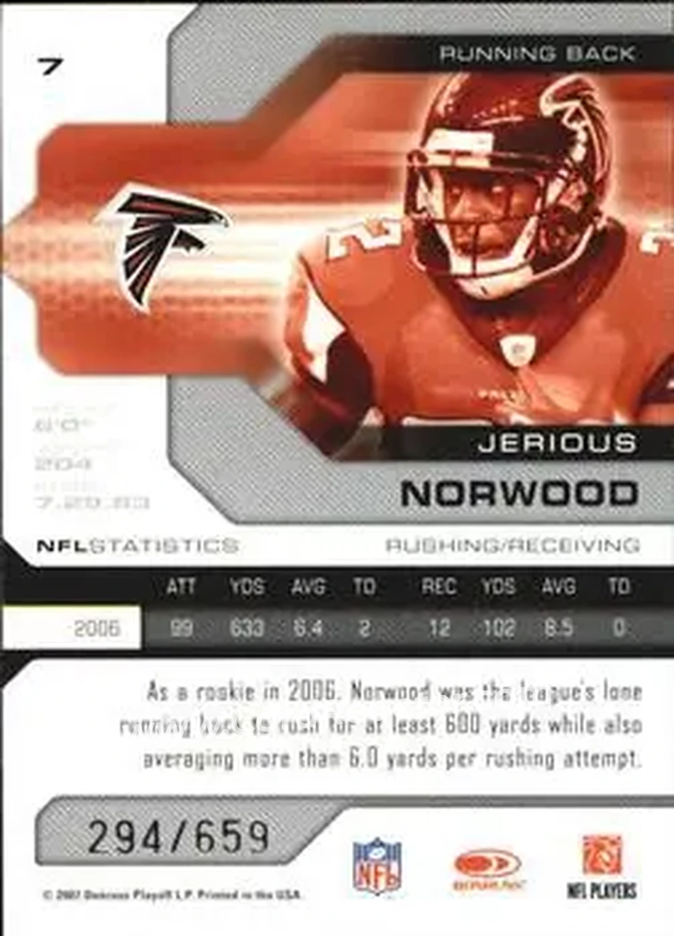 2007 Leaf Limited #7 - Jerious Norwood - Atlanta Falcons - Back