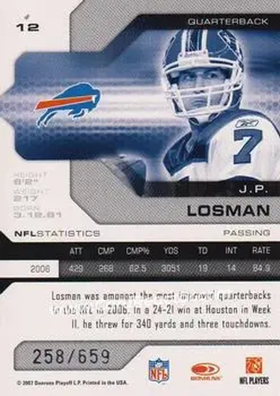 2007 Leaf Limited #12 - J.P. Losman - Buffalo Bills - Back