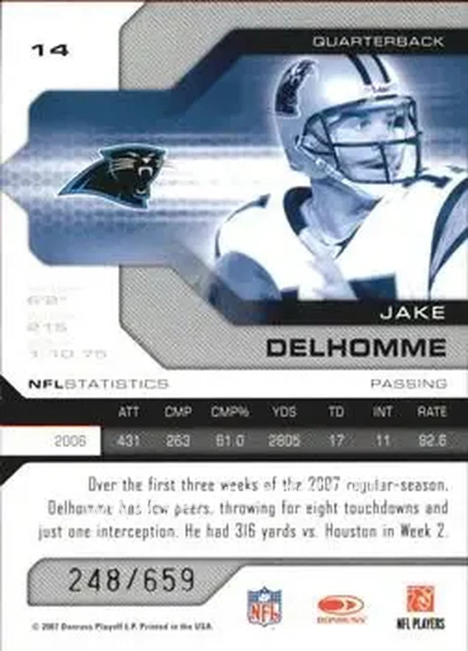 2007 Leaf Limited #14 - Jake Delhomme - Carolina Panthers - Back