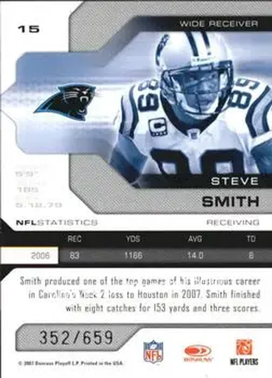 2007 Leaf Limited #15 - Steve Smith Sr. - Carolina Panthers - Back