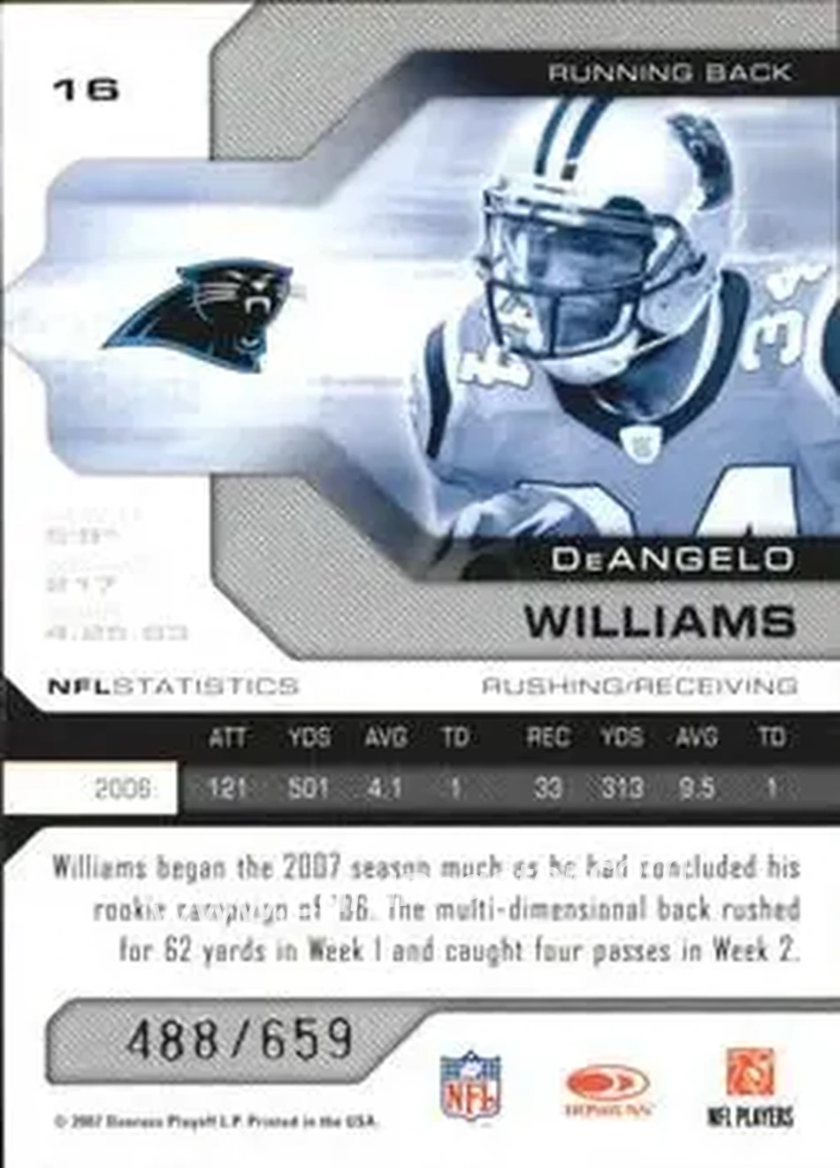 2007 Leaf Limited #16 - DeAngelo Williams - Carolina Panthers - Back