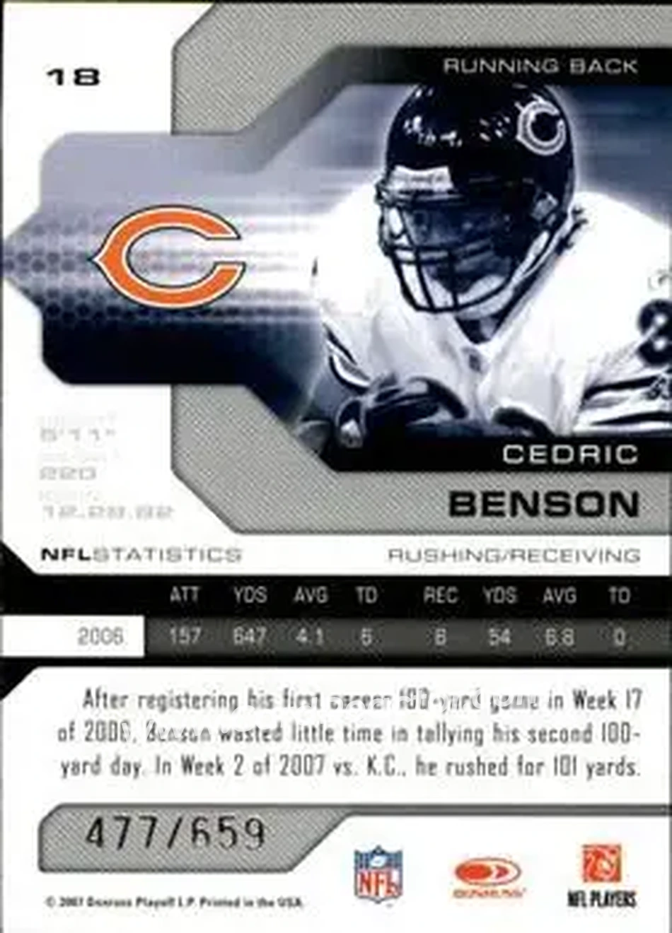 2007 Leaf Limited #18 - Cedric Benson - Chicago Bears - Back