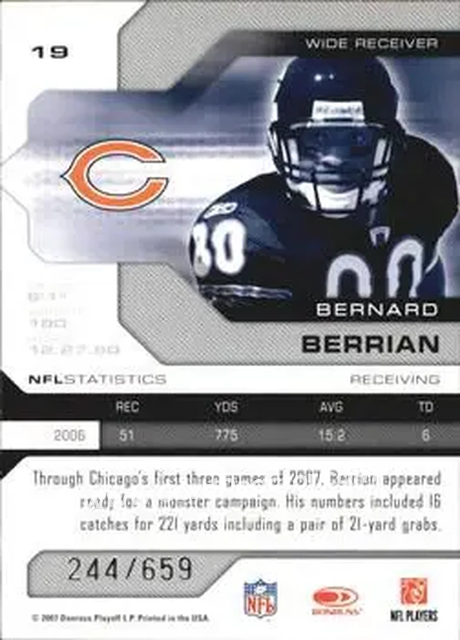 2007 Leaf Limited #19 - Bernard Berrian - Chicago Bears - Back