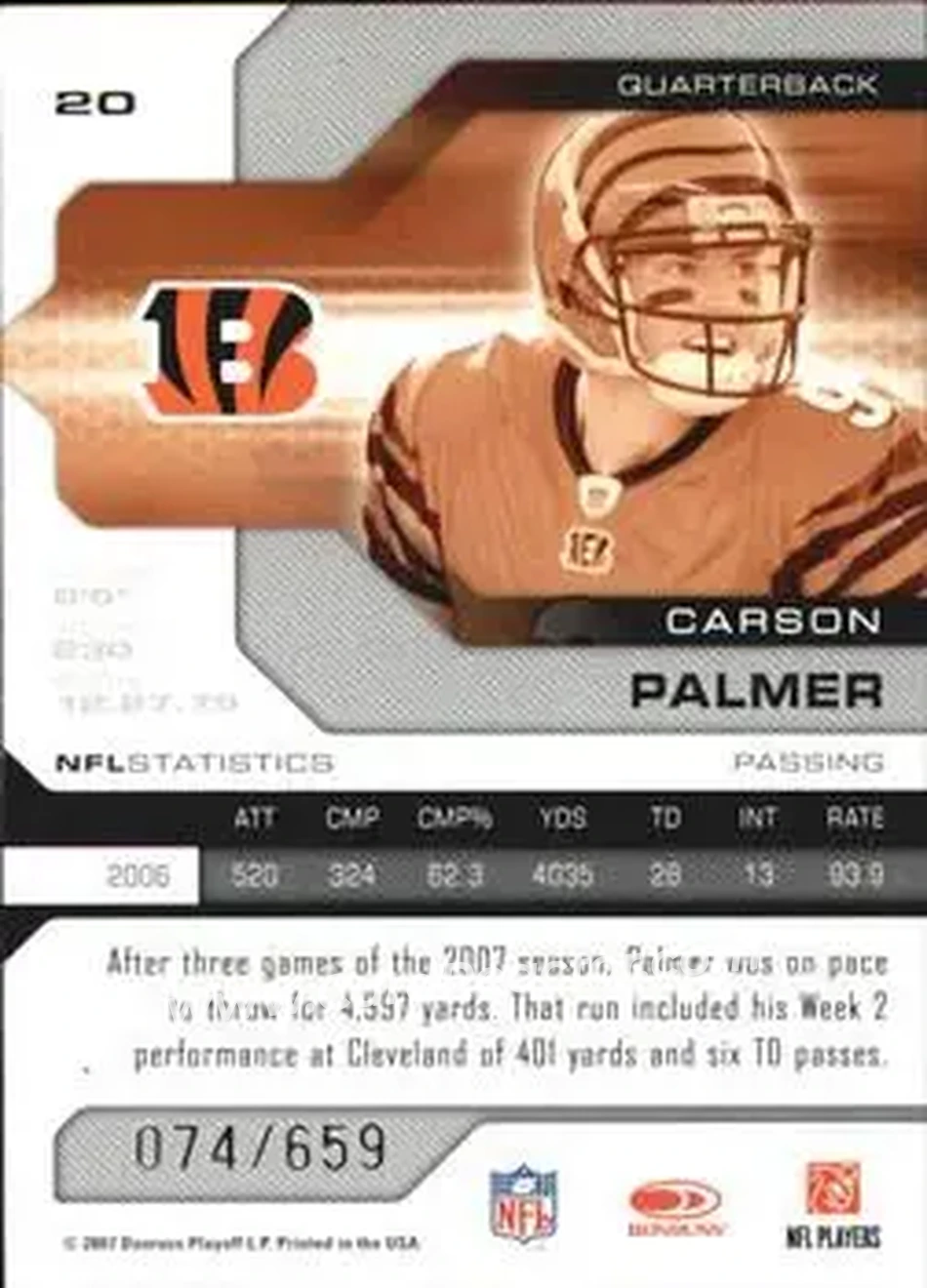 2007 Leaf Limited #20 - Carson Palmer - Cincinnati Bengals - Back