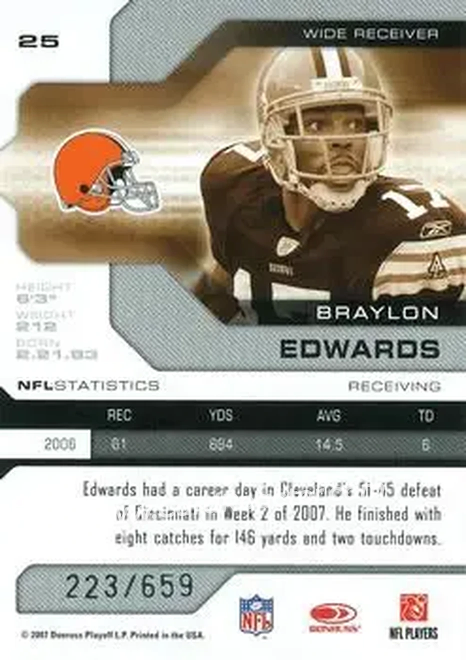2007 Leaf Limited #25 - Braylon Edwards - Cleveland Browns - Back