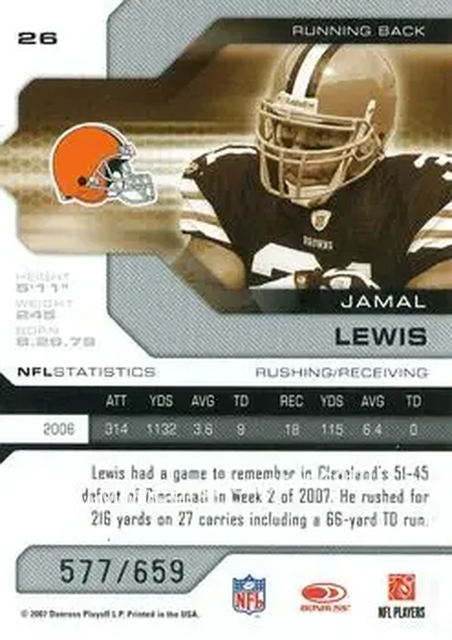 2007 Leaf Limited #26 - Jamal Lewis - Cleveland Browns - Back