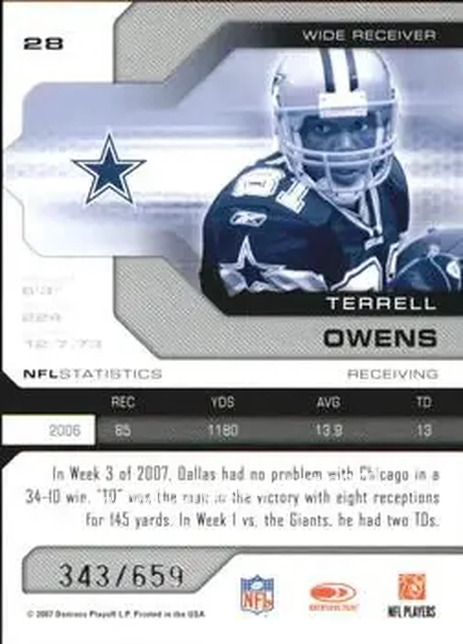 2007 Leaf Limited #28 - Terrell Owens - Dallas Cowboys - Back