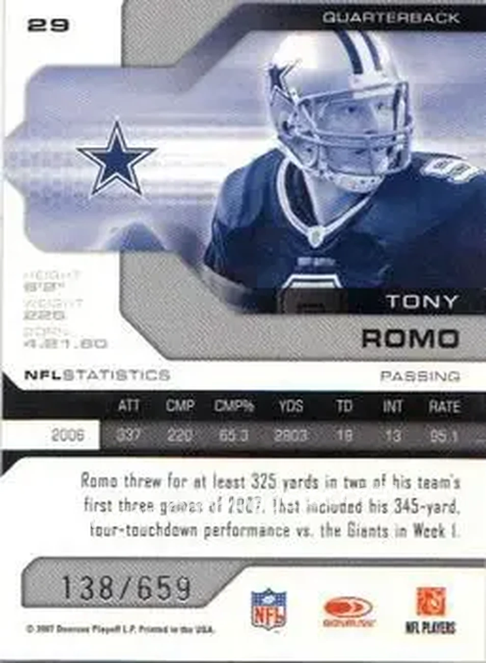 2007 Leaf Limited #29 - Tony Romo - Dallas Cowboys - Back