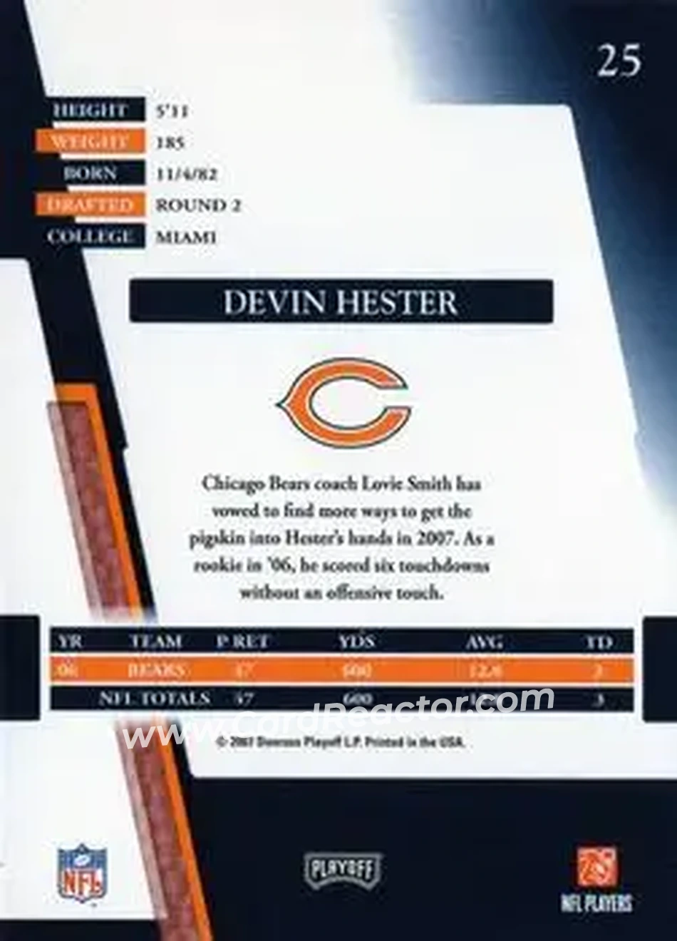 2007 Playoff Absolute Memorabilia #25 - Devin Hester - Chicago Bears - Back