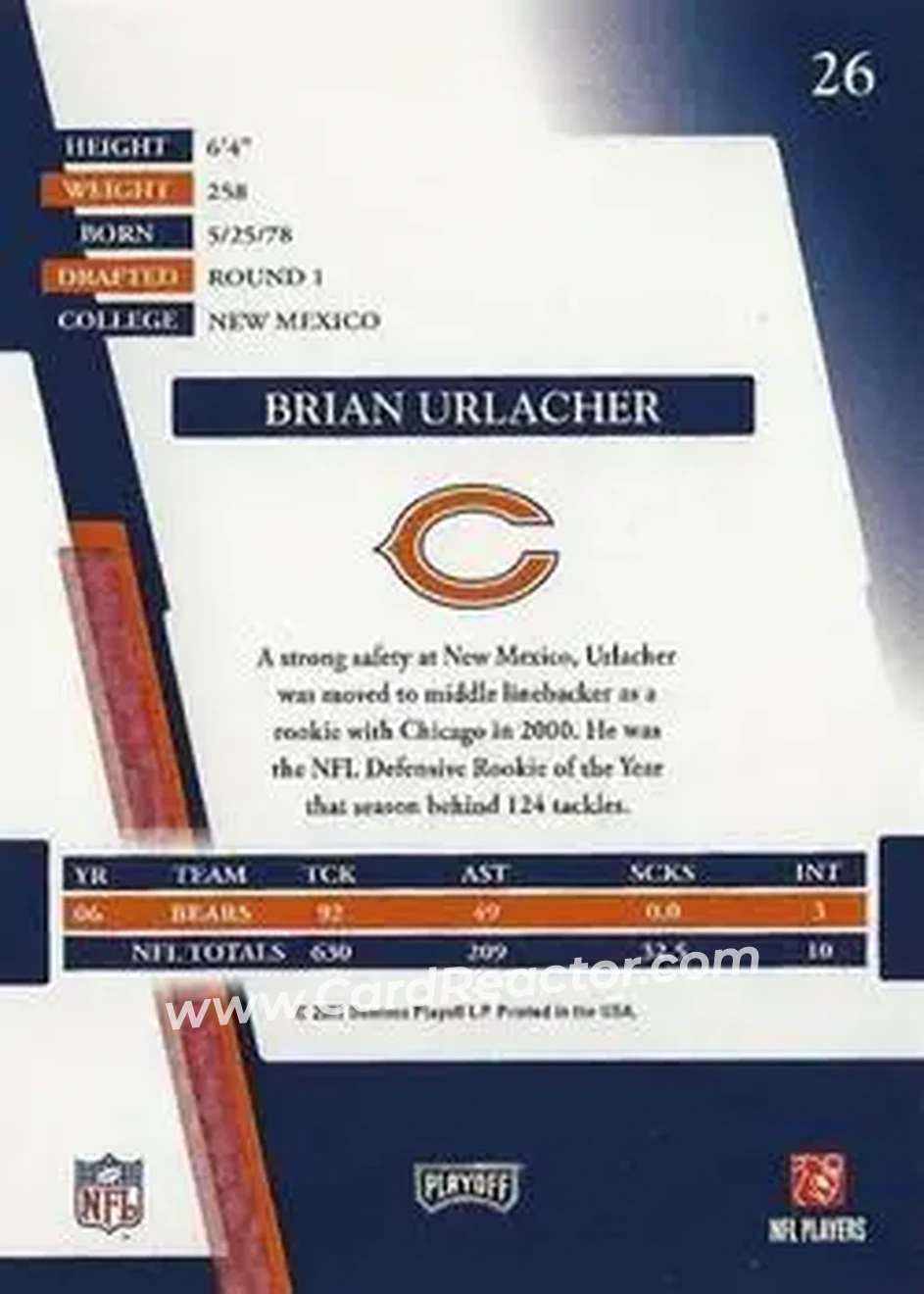 2007 Playoff Absolute Memorabilia #26 - Brian Urlacher - Chicago Bears - Back 2007 Playoff Absolute Memorabilia #26 - Brian Urlacher - Chicago Bears - Back