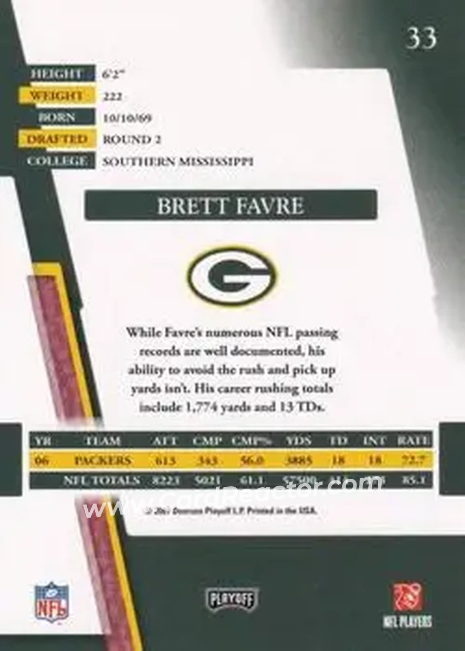 2007 Playoff Absolute Memorabilia #33 - Brett Favre - Green Bay Packers - Back