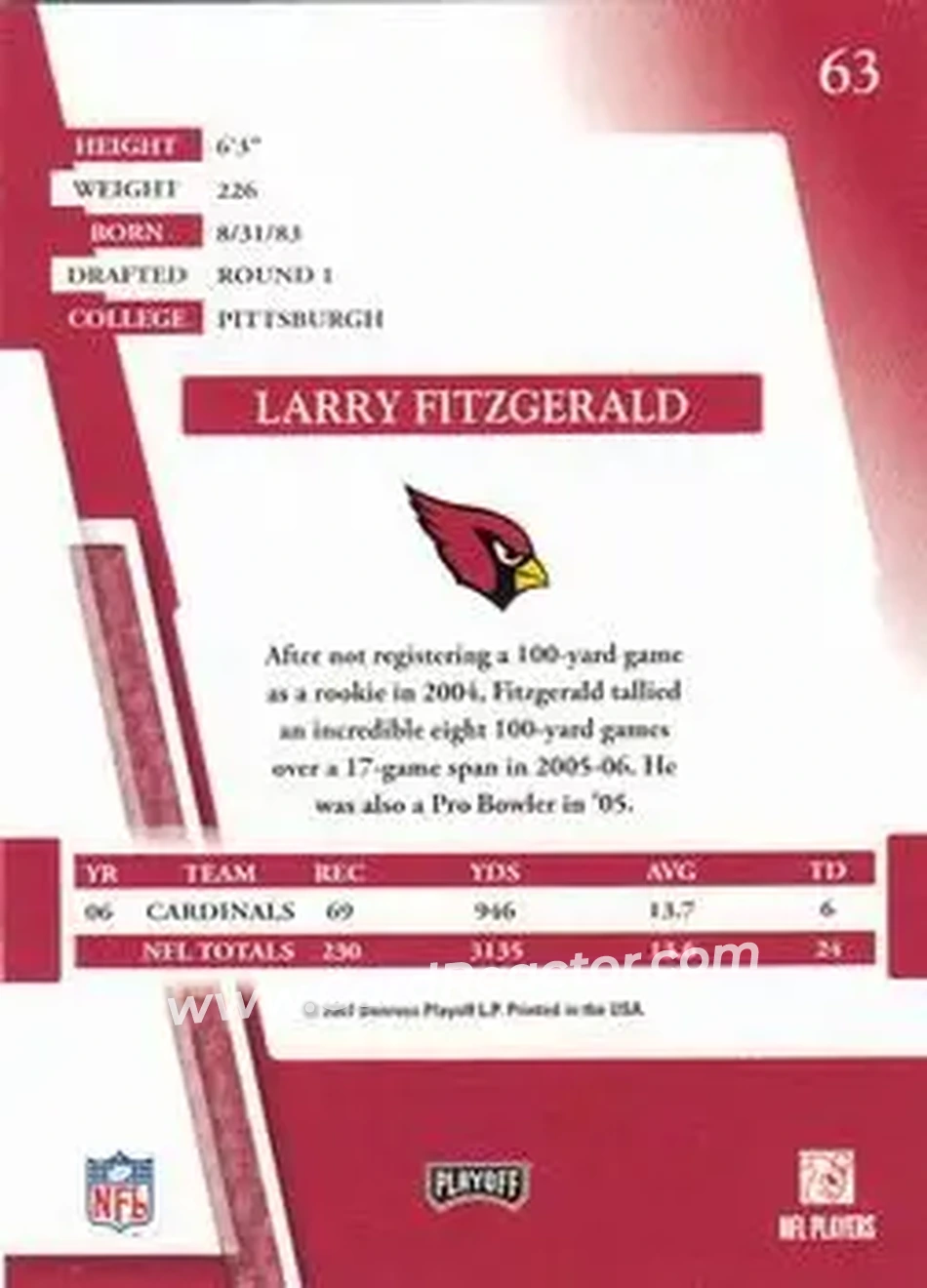 2007 Playoff Absolute Memorabilia #63 - Larry Fitzgerald - Arizona Cardinals - Back 2007 Playoff Absolute Memorabilia #63 - Larry Fitzgerald - Arizona Cardinals - Back