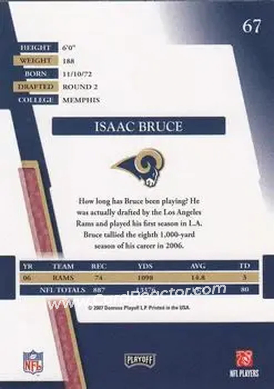 2007 Playoff Absolute Memorabilia #67 - Isaac Bruce - St. Louis Rams - Back 2007 Playoff Absolute Memorabilia #67 - Isaac Bruce - St. Louis Rams - Back