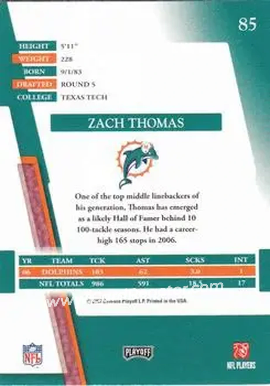 2007 Playoff Absolute Memorabilia #85 - Zach Thomas - Miami Dolphins - Back