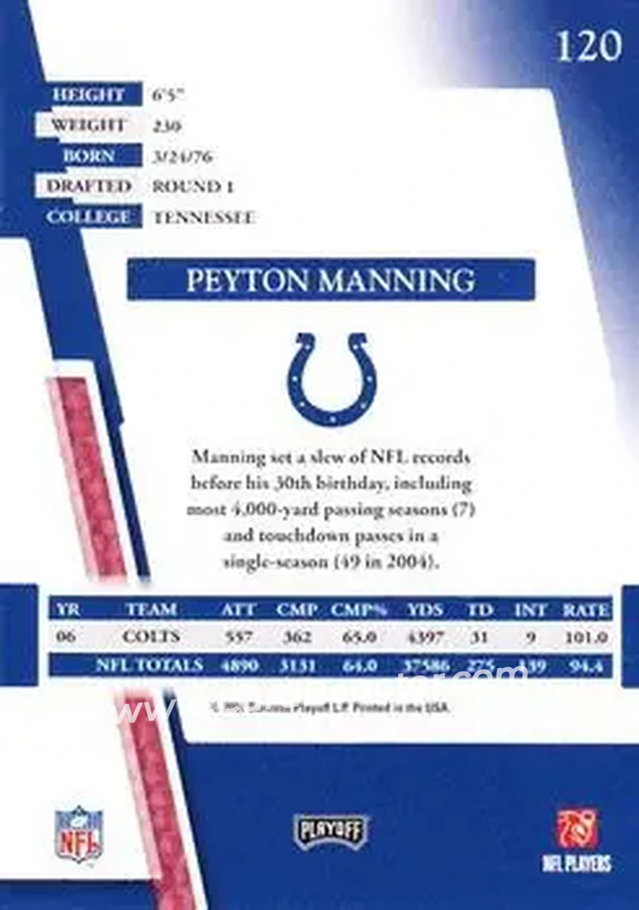 2007 Playoff Absolute Memorabilia #120 - Peyton Manning - Indianapolis Colts - Back